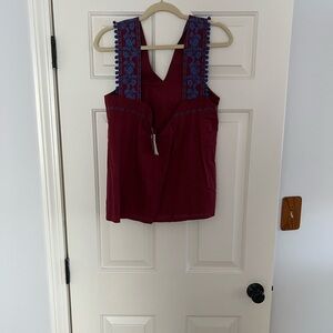 J. Crew Burgundy Top with Blue Embroidery